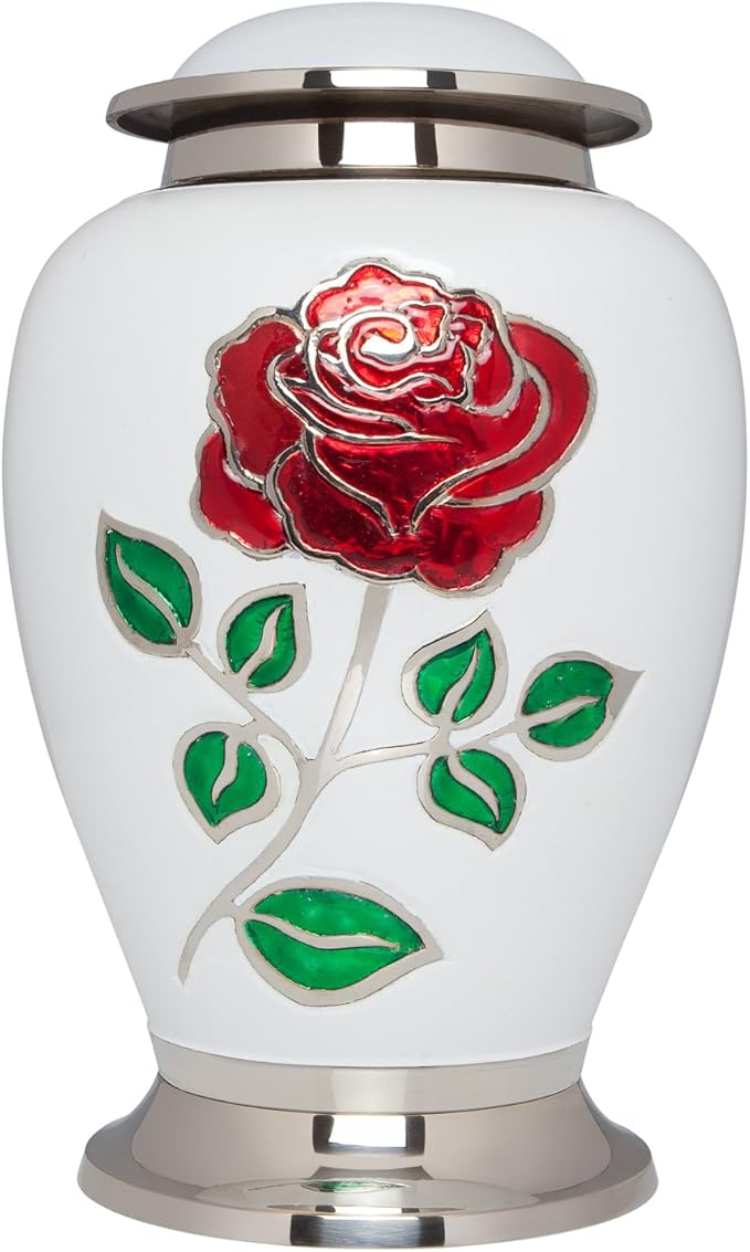 Ansons Urns White Rose Cremation Urn Funeral Urn with Large Flower on
