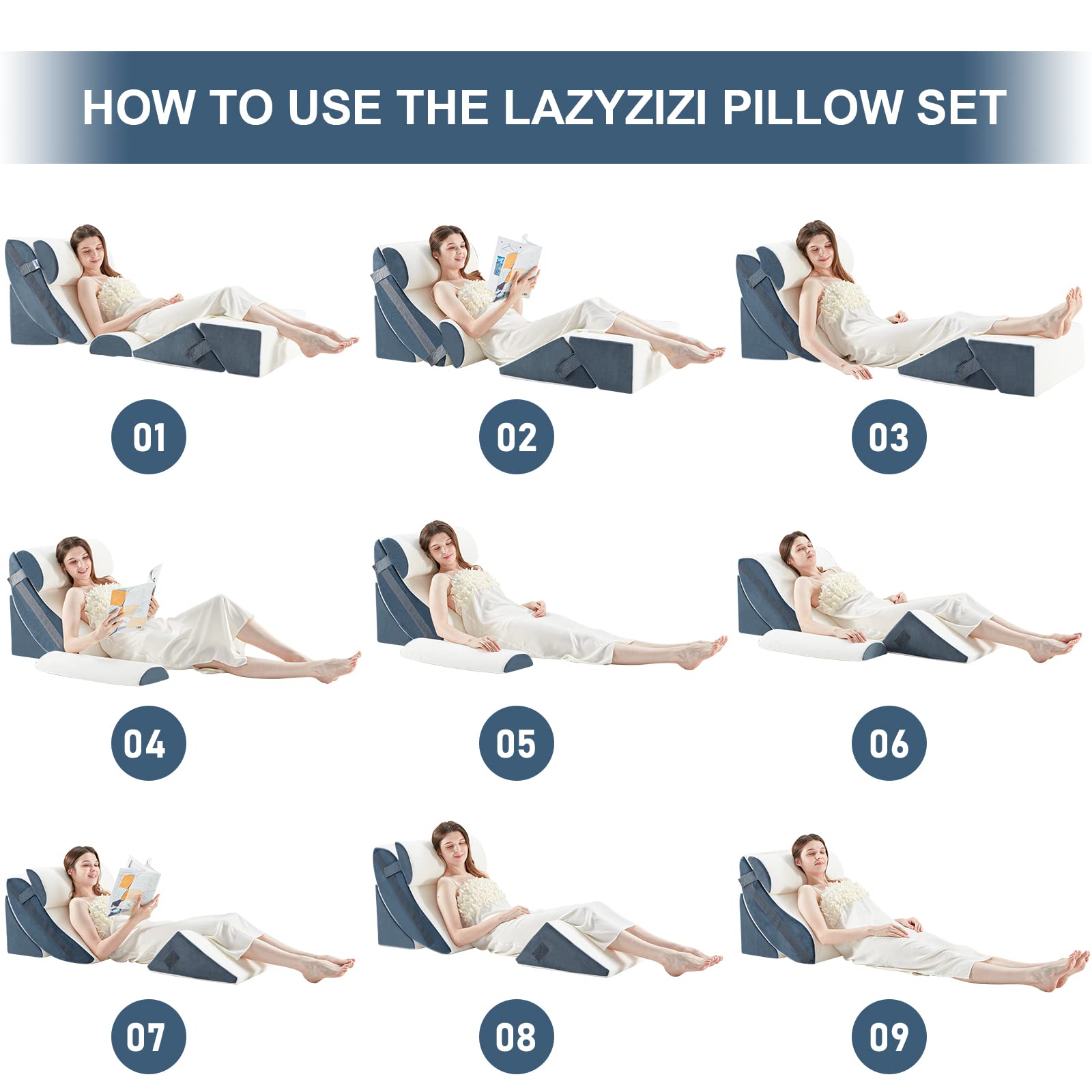 6pcs Orthopedic Bed Wedge Pillow Set, Memory Foam Wedge Pillow for Sleeping, Knee, Lumbar and Back Pain Relief Adjustable Bed Pillow - Acid Reflux, Anti Snoring & GERD Sleeping, Grey