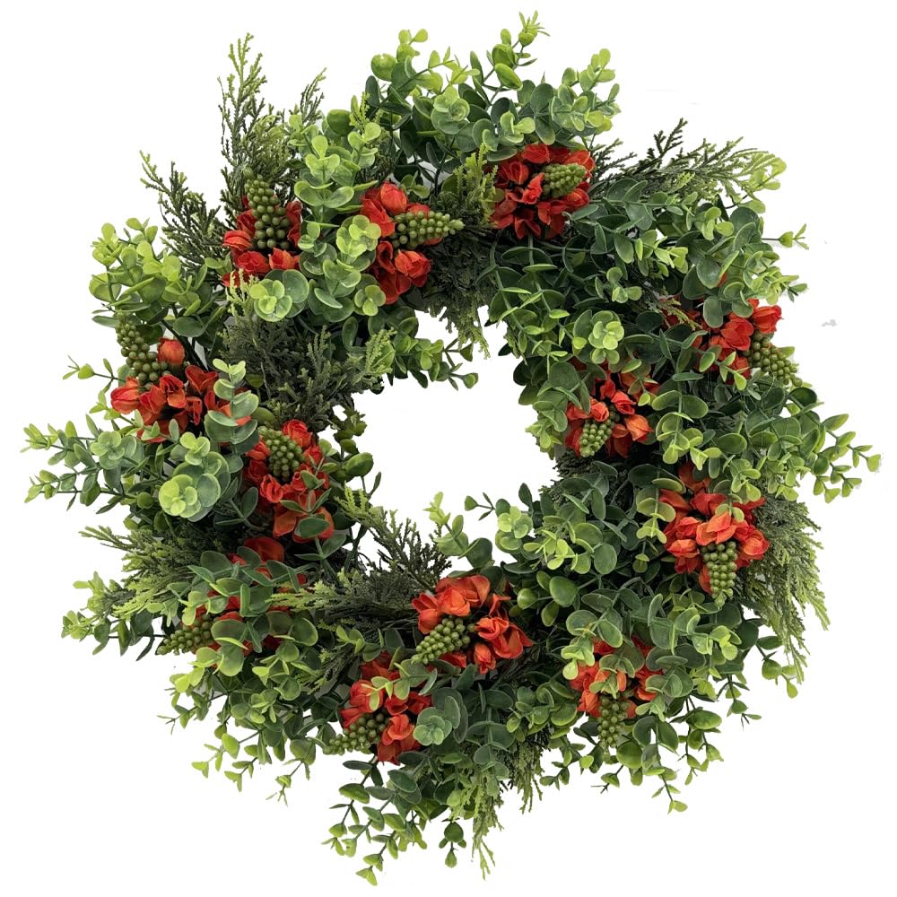 Photo 1 of 20 Inch Spring Summer Wreath for Front Door, Artificial Floral Door Wreath with Red Blooms & Greenery for Indoor Outdoor Farmhouse Housewarming Window Wall All Seasons Decor