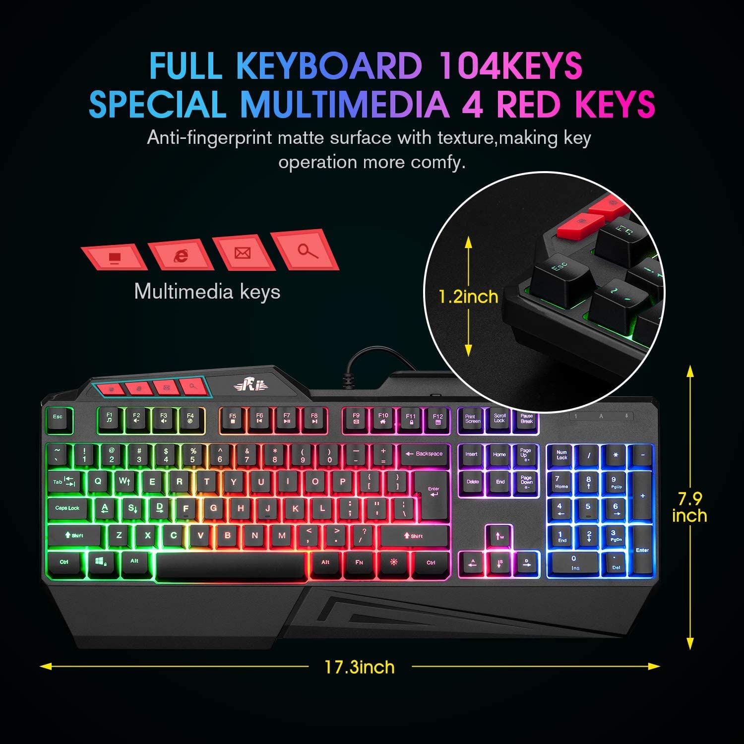 Rii RK202 RGB Gaming Keyboard Multiple Color Rainbow LED Backlit USB Wired Gaming Keyboard with Wrist Rest for Windows & Mac PC Gamers (Black)