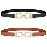WHIPPY 2 Pack Skinny Elastic Belts for Women Thin Stretchy Waist Belt for Dresses with Gold Buckle