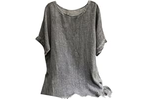 CAOQAO Linen Shirts for Women Summer 2025 Trendy Plus Size Crewneck Short Sleeve Cute Tops Casual Loose Fit Comfy Blouses