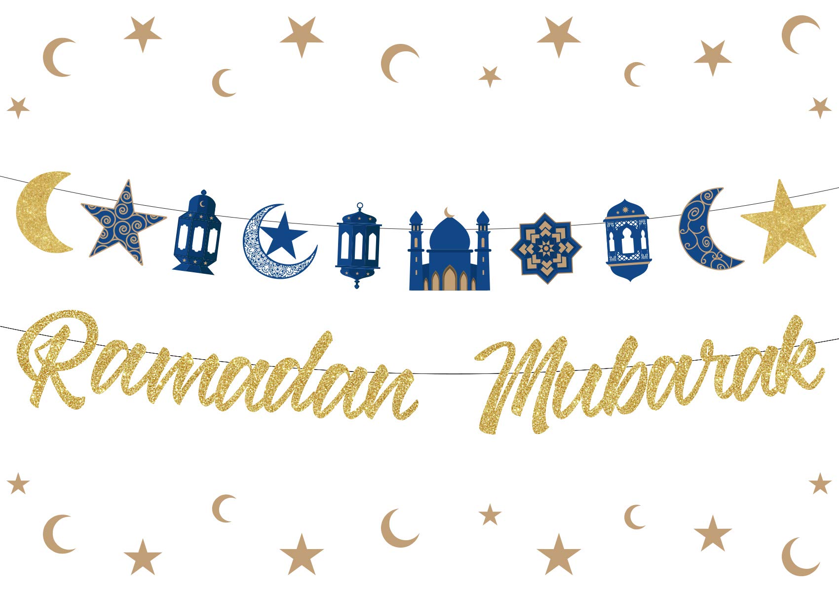 Ramadan Mubarak Banner Ramadan Kareem Decorations for Home Ramadan Party Supplies Blue and Gold Star Crescent Moon Lantern Decor Eid Celebration Decoration for Muslim
