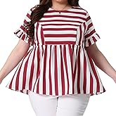 Agnes Orinda Plus Size Babydoll Tops for Women Ruffle Short Sleeve Peplum Top Loose Fit Stripe Shirt Summer Blouse 2025