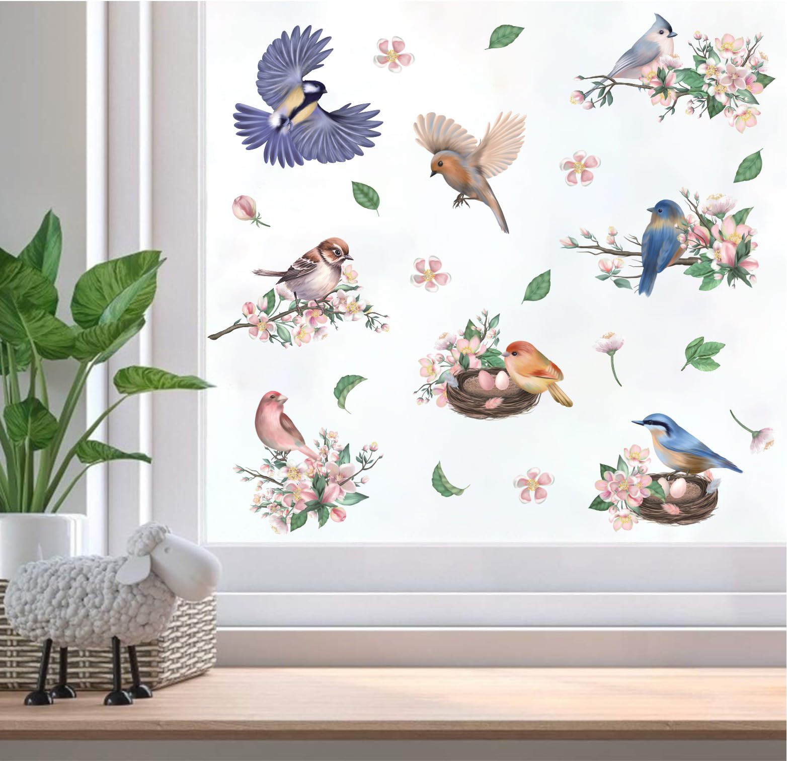 ANHUIB Birds Window Stickers,Hummingbird Window Clings,Flowers and Birds Wall Stickers For Living Room,Anti-Collision Window Decals,Flower Wall Sticker,Animal Wall Decal for Kids Bedroom Nursery Decor