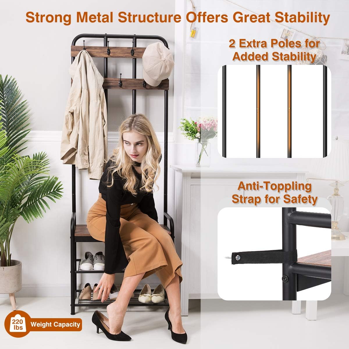 3-in-1 Entryway Coat Rack, LANGRIA Vintage Metal and Wood Hall Tree with Storage Bench Shoe Rack Entryway Storage Shelf Organizer for Home Bedroom Office Clothes Hats: Home Improvement