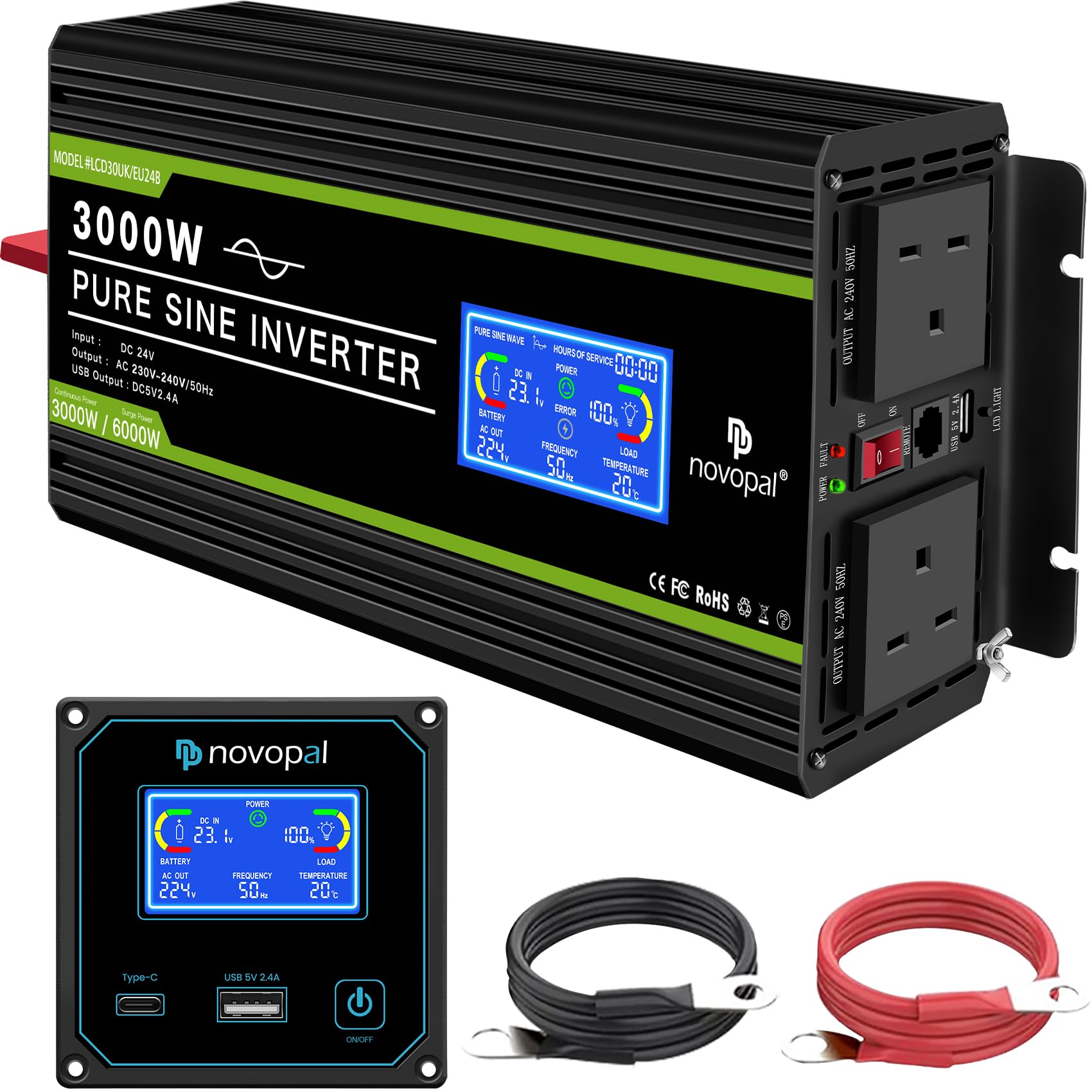 Novopal 3000W Pure Sine Wave Inverter 24V to 230V 240V Car Converter Power Inverter with Lcd Display 2AC Outlets,1 Usb Port,Remote Control for Motorhomes,Truck,Boat,Camping,Household,Van