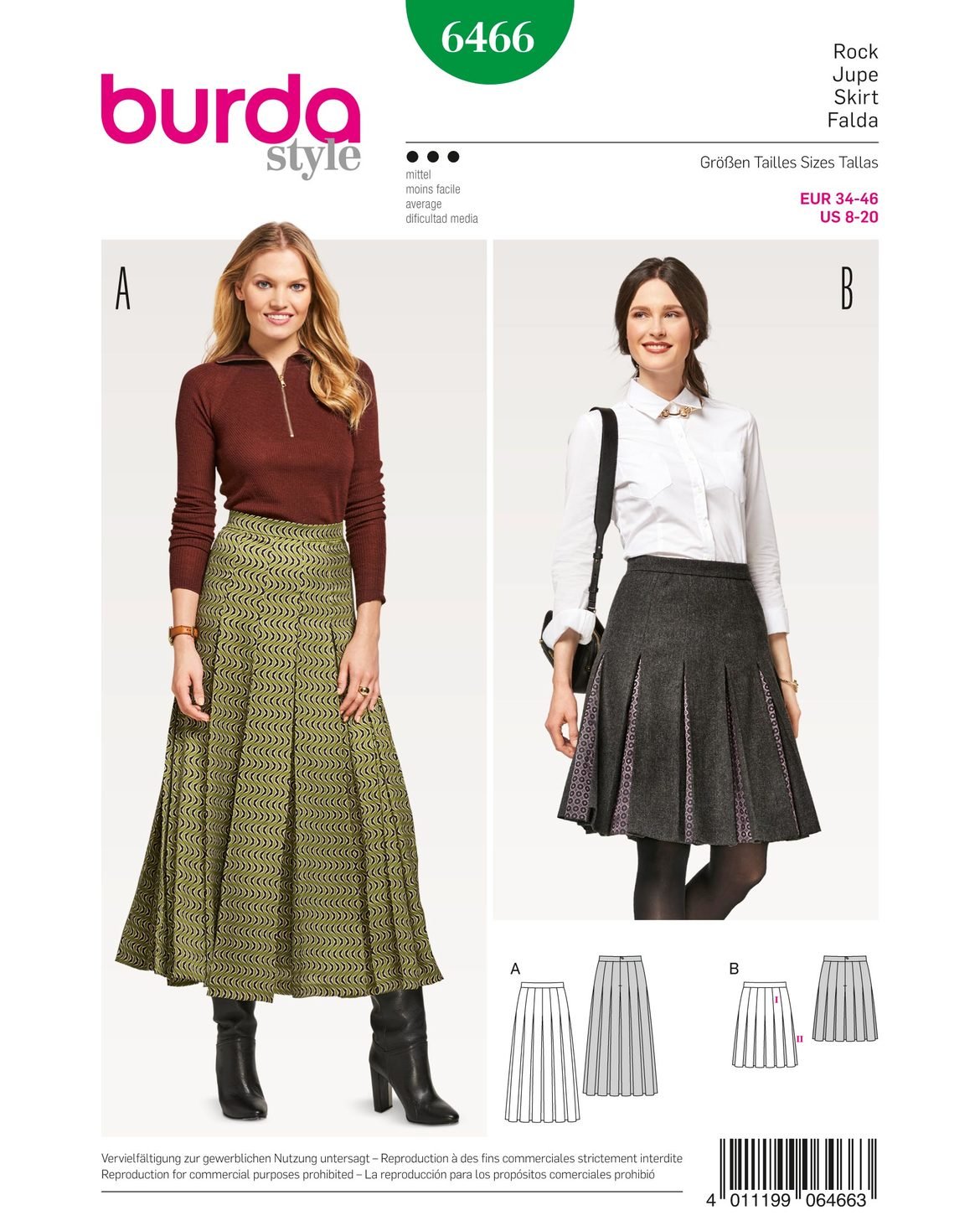 Burda Style Sewing Pattern B6466 Misses' Pleated Skirt