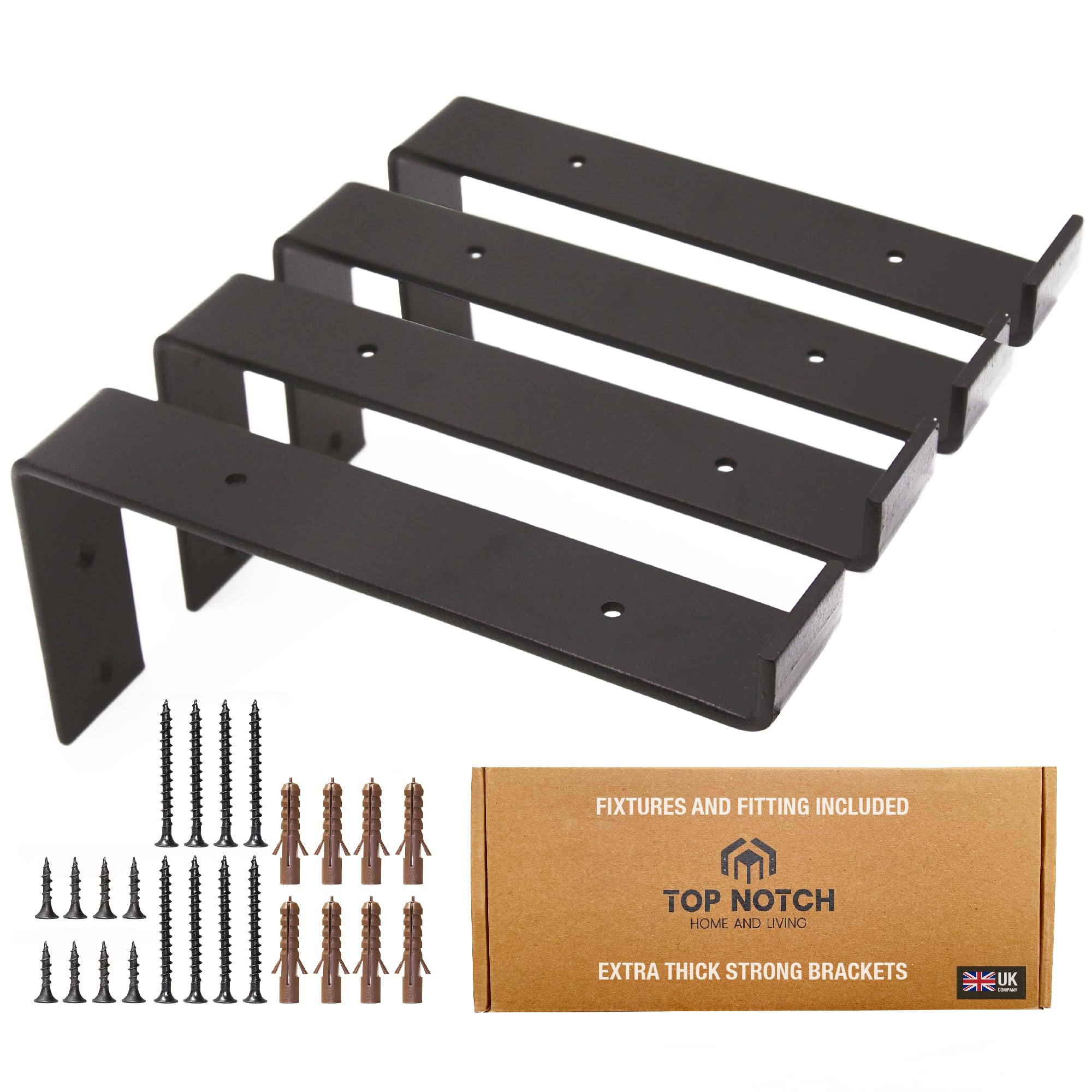 Top Notch Home and Living Heavy Duty Metal Shelf Brackets | Steel Bracket for Wooden Wall Shelves | Support 40kgs | Hardwearing | Incl Fixtures & Fittings (Black, Pack of 4 Down Brackets)