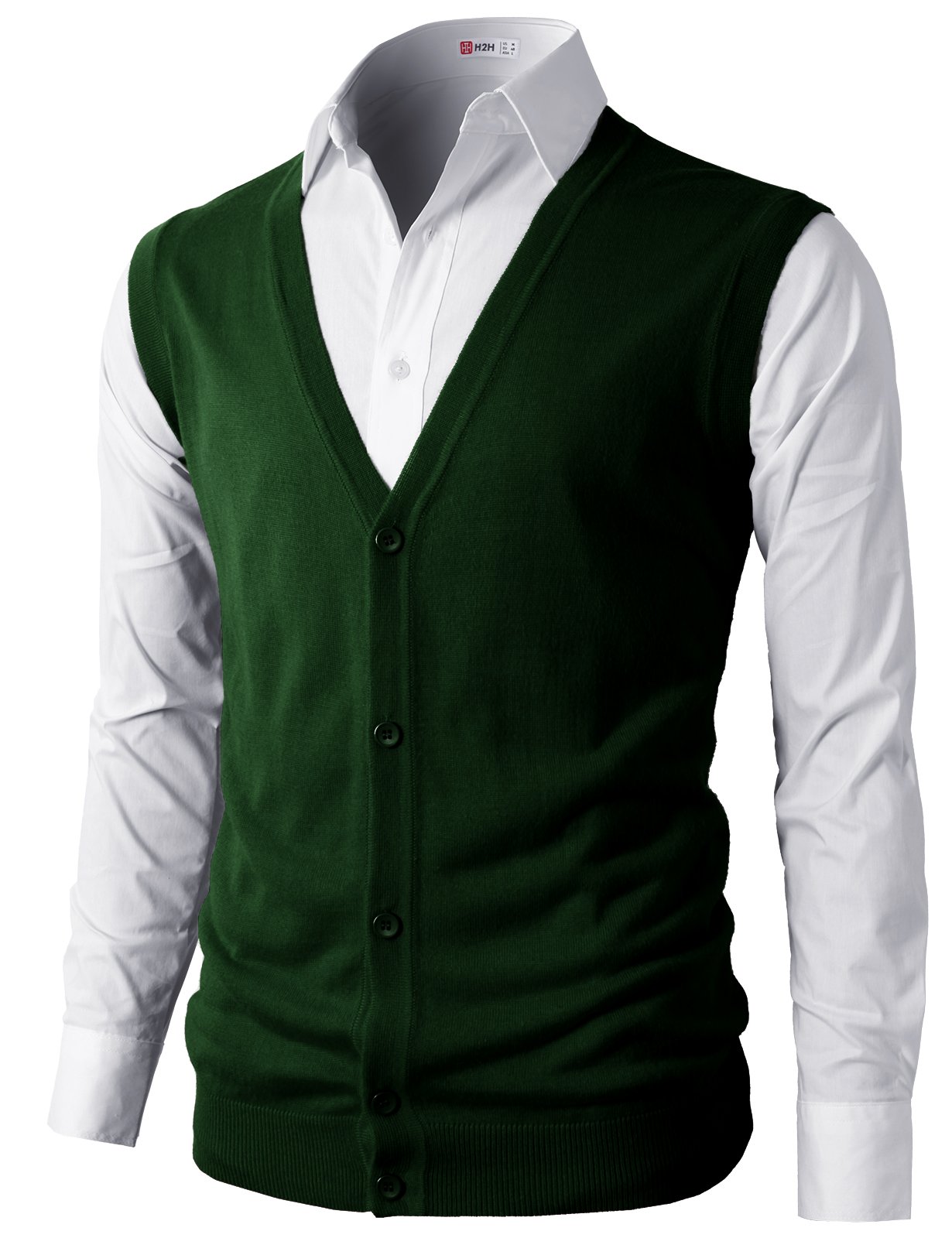 H2H Mens Casual Slim Fit Thin Fabric Knitted V-Neck Button-Down Vests DarkGreen US L/Asia XL (CMOV038) - Image 4
