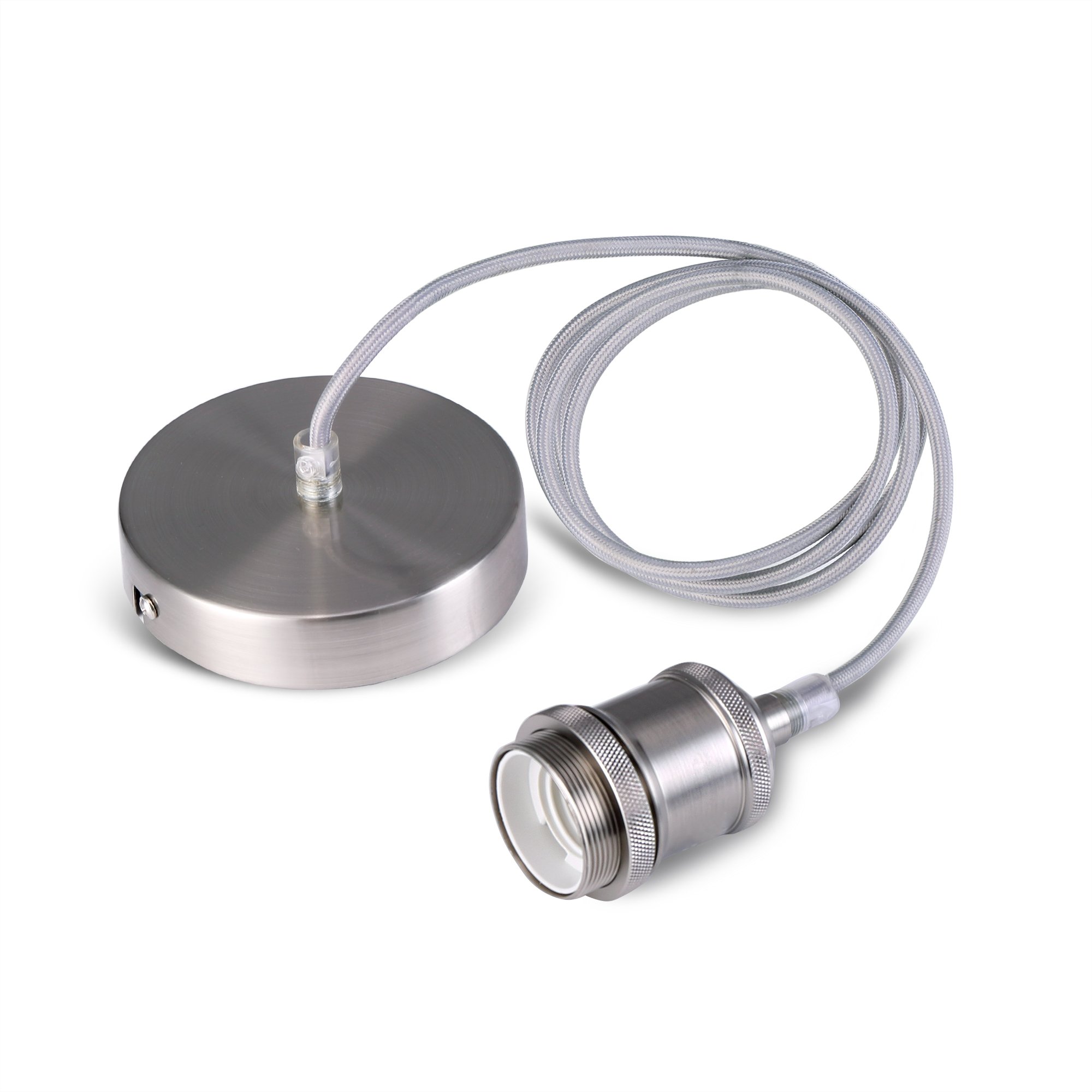 SHINY STAR Vintage Pendant Light Fitting, Modern Retro Industrial Style Satin Nickle E27 Lamp Holder and Ceiling Rose with Grey Braided Flex Cable-KIT02SN