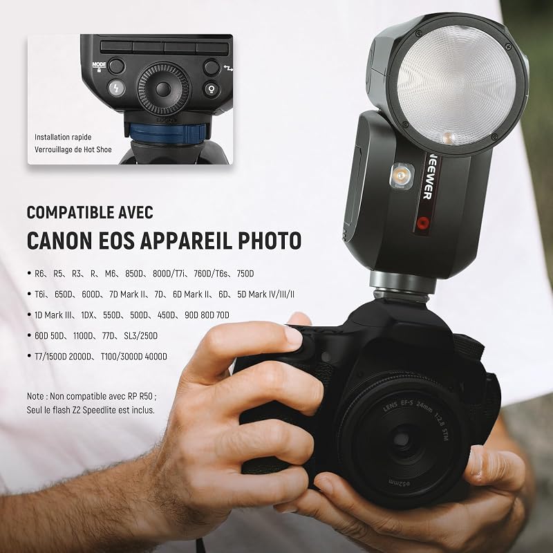 Z2-C Flash Speedlite TTL Tête Ronde 2,4G Compatible avec Canon, Flash Speedlight HSS 1/8000s Nouvelle Interface Utilisateur, 2 Lampes Pilotes, Sélecteur TCM TTL/M,600 Flashs