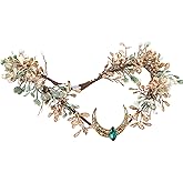 MOSTORY Gold Flower Moon Headpiece - Handmade Fairy Floral Crown Woodland Elf Headband Forest Circlet for Princess Renaissance Fair Halloween Party Wedding Cosplay