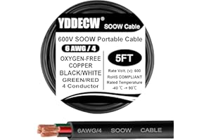 YDDECW 5ft 6/4 6 AWG Portable Power Cable (4 Conductor) - SOOW 600V 6 Gauge Electric Wire for Motor Leads, Portable Lights, Battery Chargers and Machinery - 4 Conductor - 5 Feet Electrical Cord