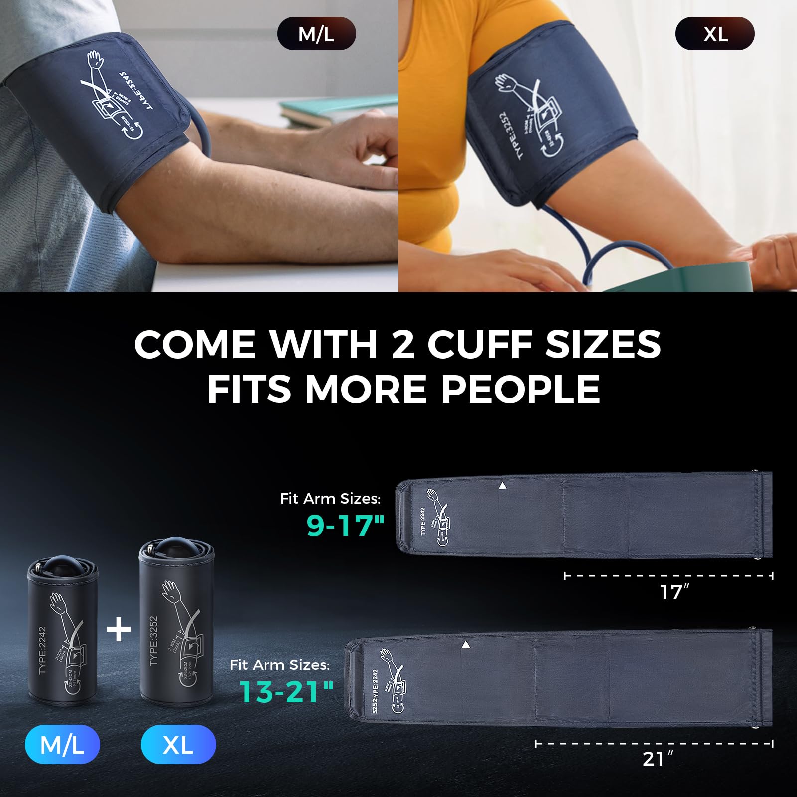 Blood Pressure Monitor,2 Cuff Sizes Automatic Upper Arm Blood Pressure Machine,9-17'' & 13-21'' Extra Large Blood Pressure Cuff Large LED Backlit Screen-3 User Mode/USB Cable and 4 AAA Batteries