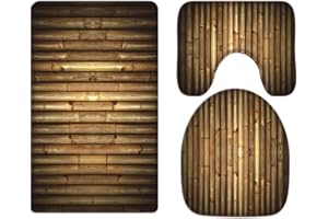 A.Monamour Brown Bamboo Fence Texture Abstract Backgrounds Art Decoration Soft Flannel Cloth Washable Bath Mat Rug Set Toilet Seat Covers Toilet Lid Covers Cushions Toilet Accessories