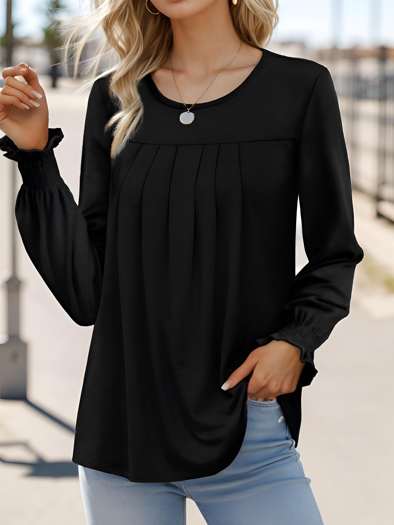 Am Direct Women's Bell Sleeve T-Shirt Round Neck Casual Blouse with Ruffle Trim Long Sleeve XXL Black