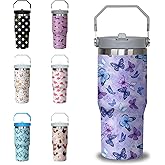 30 oz Purple Butterfly Tumbler with Handle and Filp Straw, Stainless Steel Cup with Lid and Straw, Travel Coffee Mug Insulated Water Bottle,Christmas Birthday Mothers Day Gifts for Women Animal Lovers