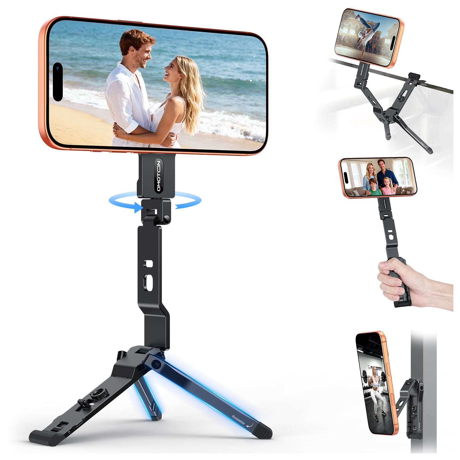 OMOTON TP03 [Ultra-Slim] for MagSafe Tripod, 360°Rotating Magnetic Phone Tripod for iPhone 17/16/15 Pro Max Air, Foldable Cell Phone Stand with 1/4" Screw & Hook Fits Vlog, Gym, Travel Essentials