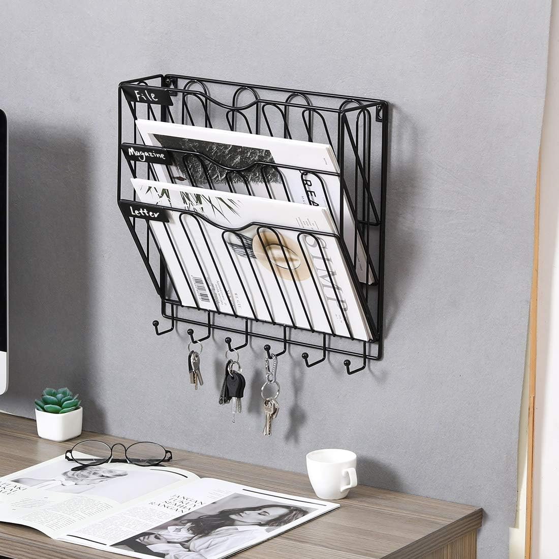 Wall File Holder Superbpag Hanging Mail Sorter Organizer 3-Tier Metal Wall Mount Magazine Literature Rack with Key Holder, Black : Office Products