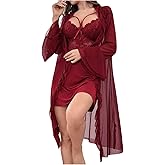 OYOANGLE Women's Lingerie Set 2 Piece Lace Babydoll Chemise and Kimono Robe Pajama Sets Sleepwear