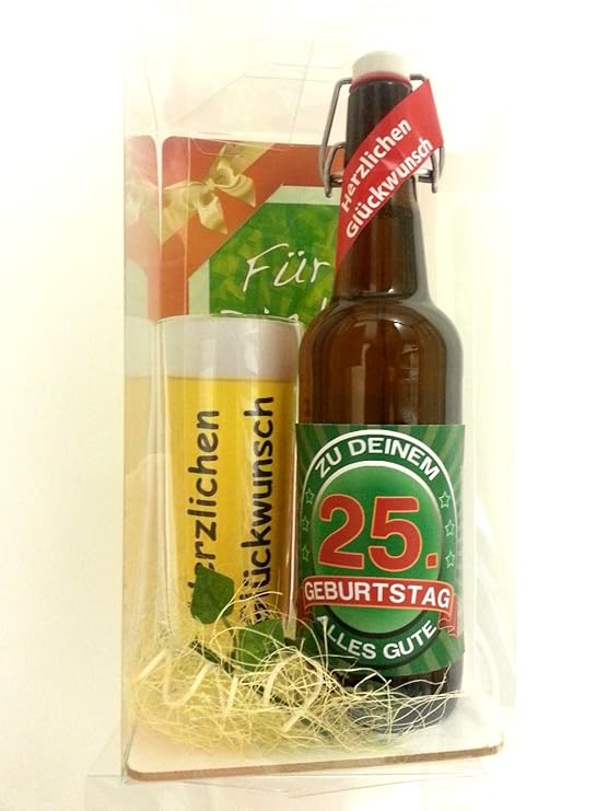 Geschenk Set, Bierset Bier Geschenk zum 25. Geburtstag das bei Frau und Mann immer gut ankommt, Bierflasche mit Etikett, Glas