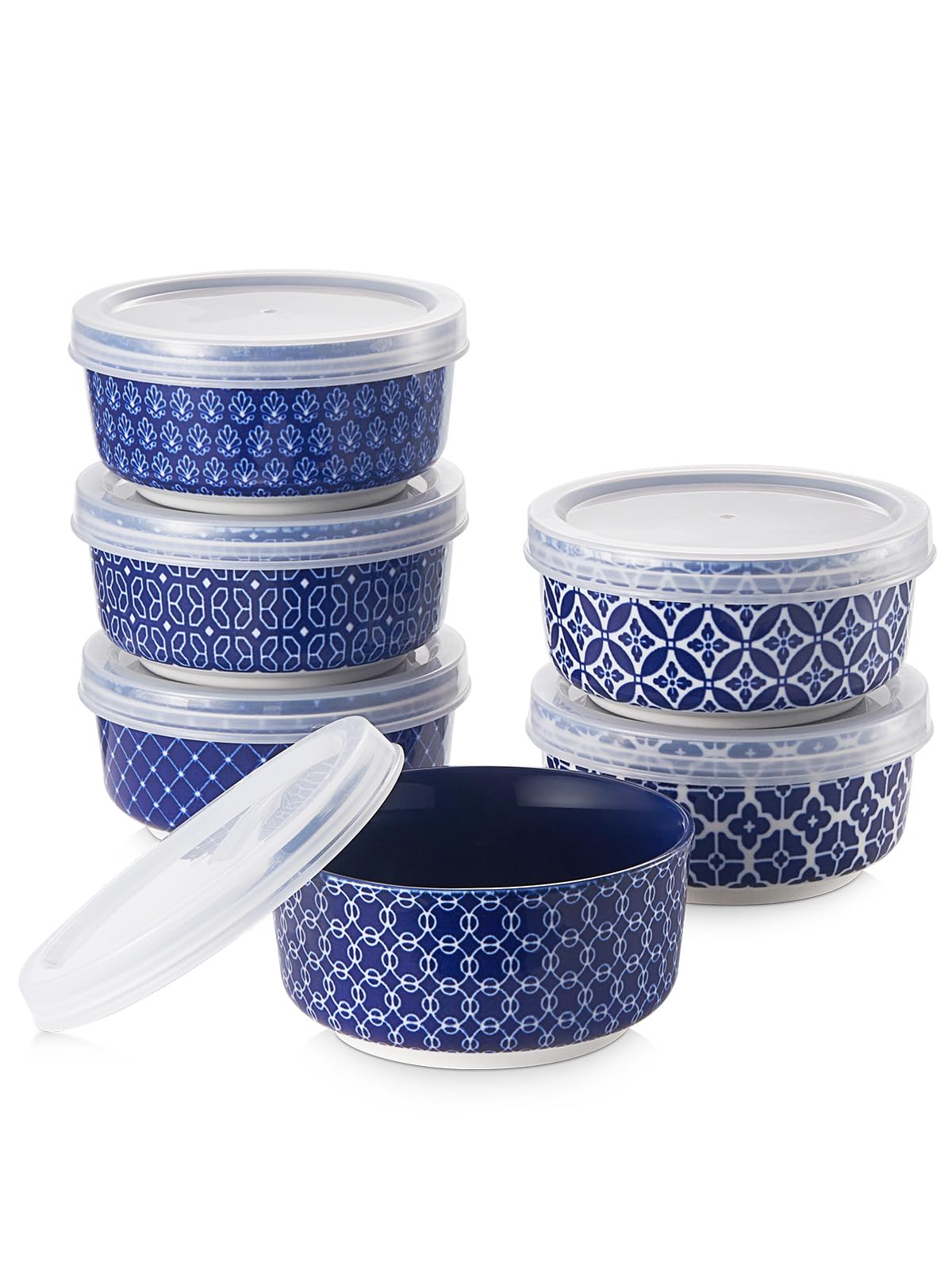 DOWAN 176 ml Dipping Bowls Set of 6, 9 cm Diameter Porcelain Ramekins with Lids for Creme Brulee, Condiment, Olives, Nuts, Souffle Dishes, Oven Safe, Fusion Blue