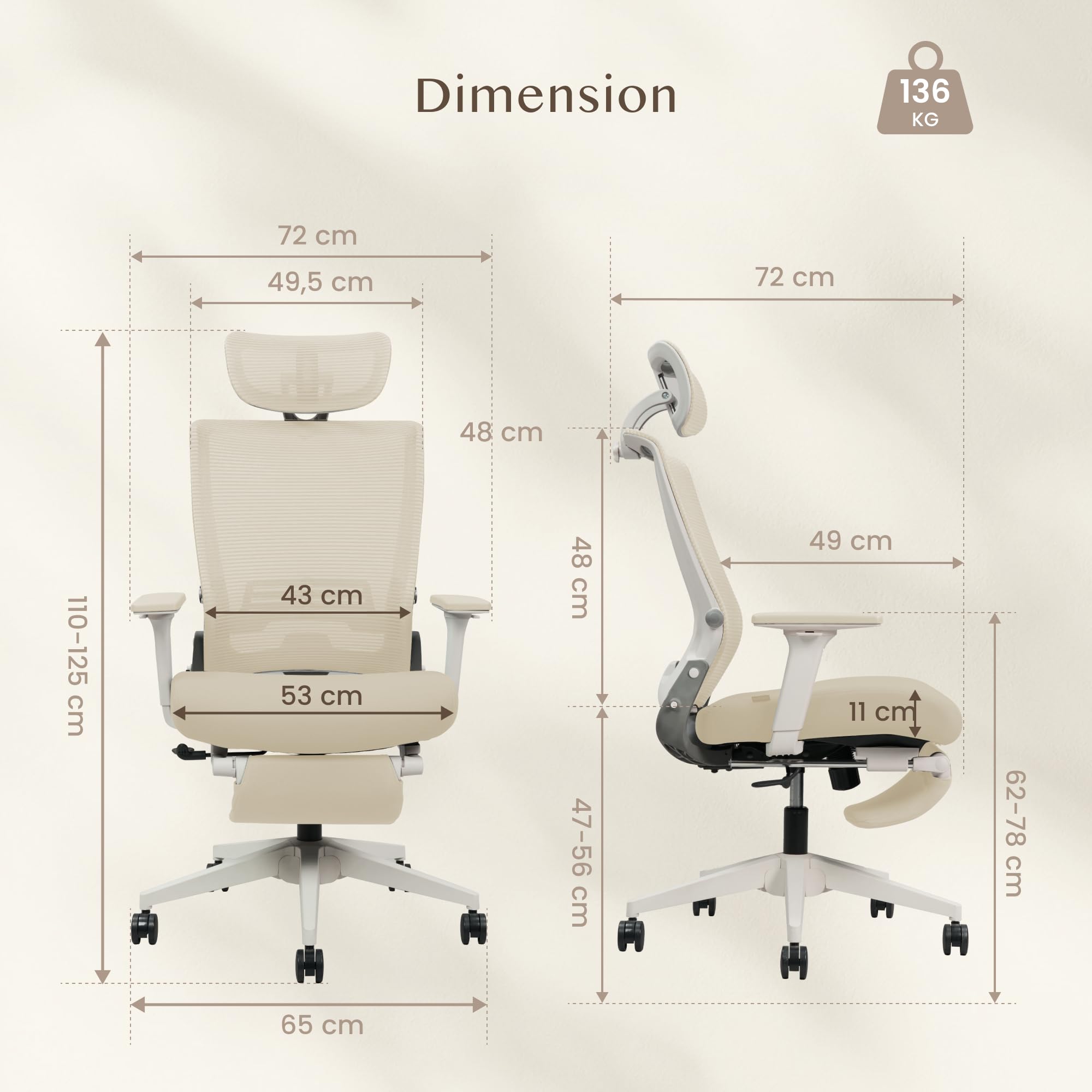 FLEXISPOT Ergonomischer Bürostuhl, Foldex, klappbarer Bürostuhl für Kleine Räume mit Lendenwirbelstütze, Höhenverstellbaren Armlehnen, 2D Kopfstütze, Schreibtischstühle mit Fußstütze Creamweiß 2
