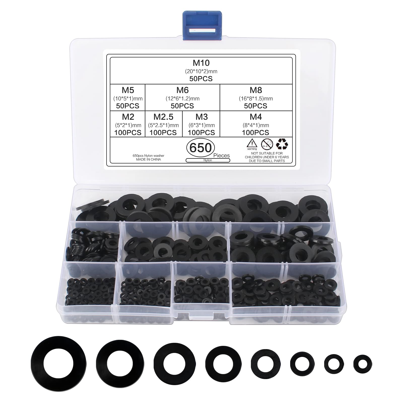 Bubuyun 650PCS Nylon Gasket Flat Washer Kit O-Ring Gasket kit Rubber Washer Seals Assortment Set Washer Round Spacer Washers Nylon Washers Assorted M2 M2.5 M3 M4 M5 M6 M8 M10 for Mechanical