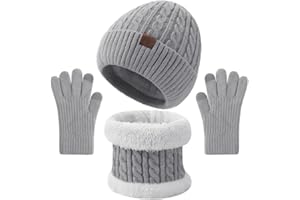 TAVALEU Kids Winter Hat Gloves Scarf Set - 3 Pcs Boys Girls Winter Beanie Sets 8-15 Years Warm Beanie Fleece Lined Knitted Hats