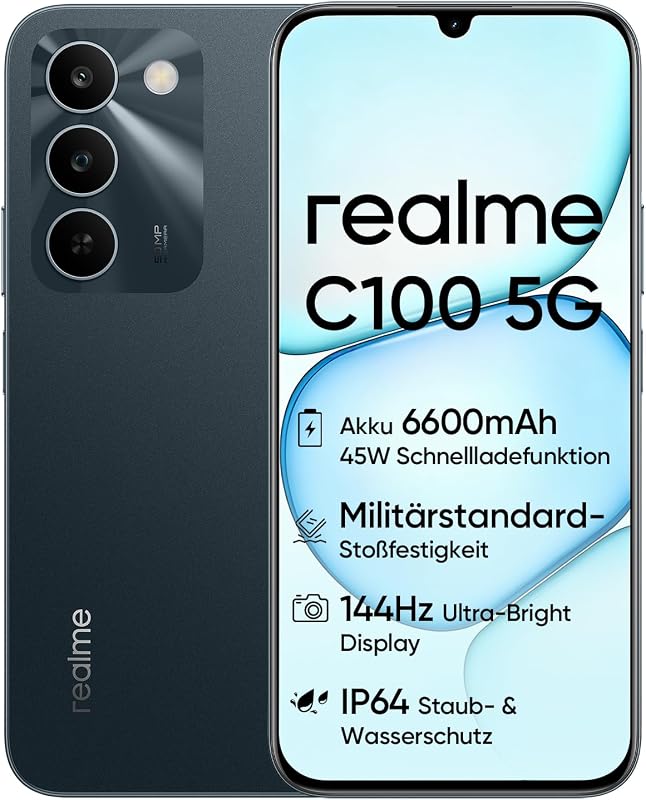 C100 5G Smartphone, 4GB+128GB, 144Hz LCD Display 6,5", Akku 6600mAh, Kamera 50MP KI, IP64, 45W Schnellladung, Dual SIM, KI Boost, Grün (Ohne Netzteil)