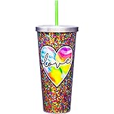 Spoontiques Love Glitter Cup Tumbler with Stainless Steel Lid and Straw - 20 oz - Acrylic - Multicolored