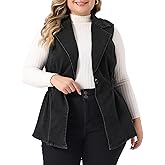 Agnes Orinda Plus Size Women's Denim Vest Sleeveless Lapel Button Elastic Waist Casual Denim Jackets Vests