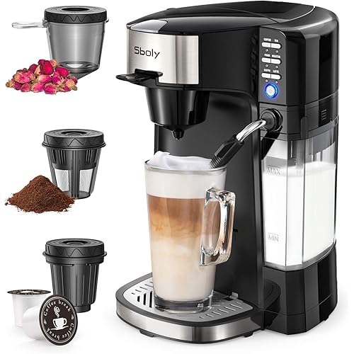 Sboly 6 In 1 Coffee Machine, Single Serve Coffee, Tea, Latte and Cappuccino Maker, Compatible With K-Cup Pods & Ground Coffee, Compact Coffee Brewer with Dishwasher Safe Milk Frother