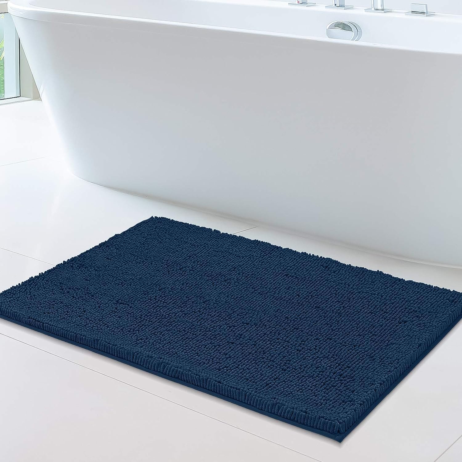 ITSOFT Chenille Bath Mat, Non Slip Bathroom Mat, Absorbent & Machine Washable Toilet Mat, Soft Plush Bathroom Rug, Navy Blue, 53 x 87 cm (Rectangular)