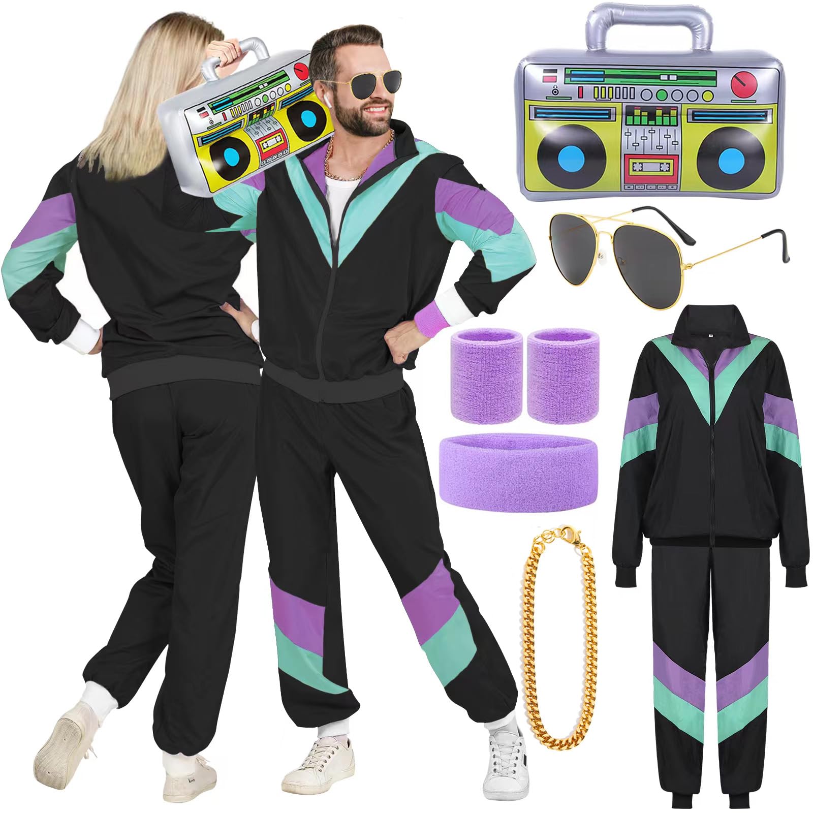 90s 80s Fancy Dress Men Women with Accessories 80s Shell Suit 80s 90s Fancy Dress Costumes for Men Couples Stag Do Outfit Disco 80s Dress up Costume Hip Hop Retro Tracksuit Adult Jacket Trouser (XXL)