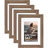KINLINK 5x7 Picture Frame Brown Wood, Solid Wood Frames with Acrylic Plexiglass for 3.5x5/4x6 with Mat or 5x7 without Mat, Tabletop and Wall Display Photo Frame, Set of 4