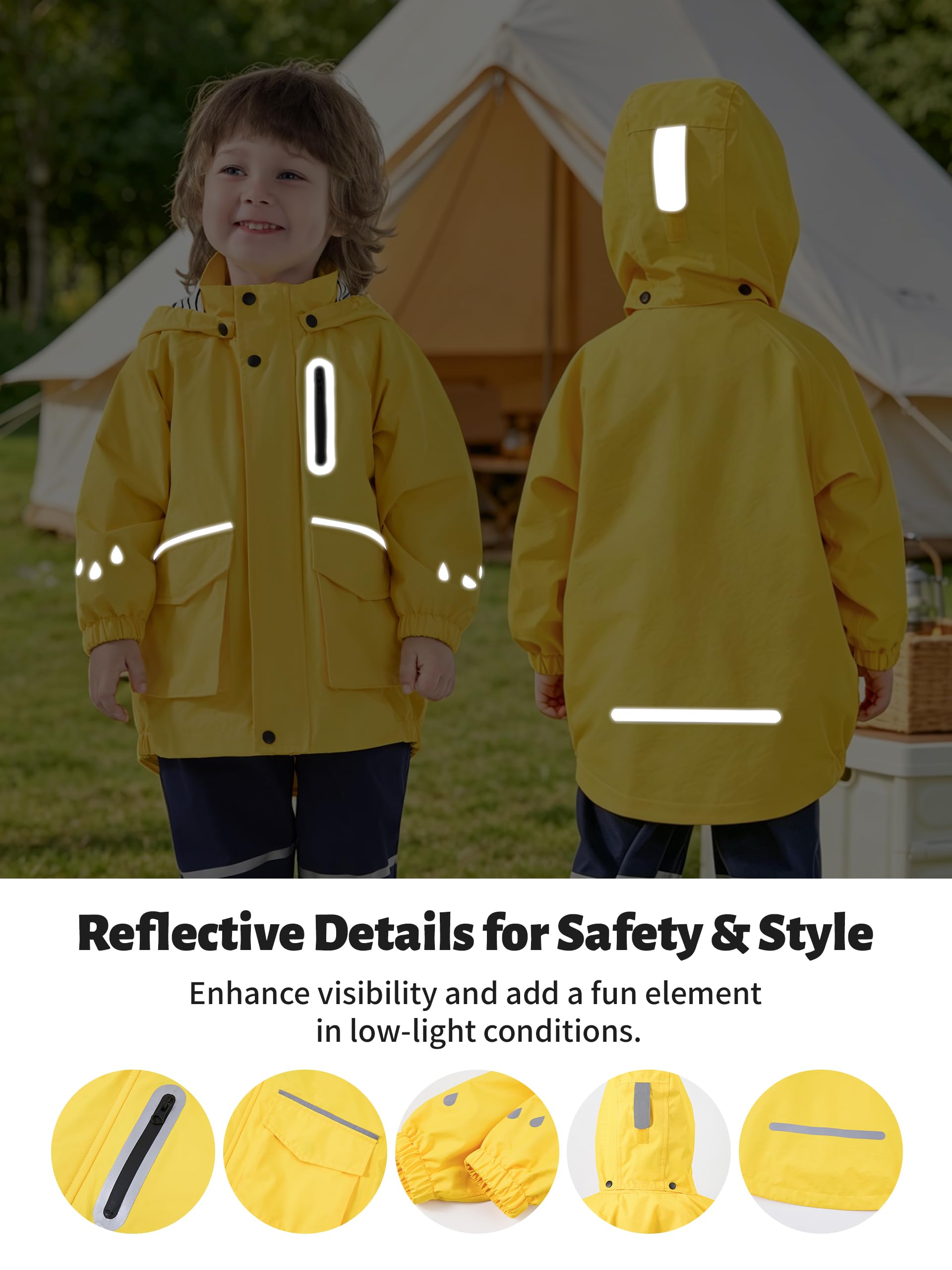 Volunboy Kinder Regenjacke Wasserdicht, Leichte Winddichte Jacke, Abnehmbare Kappe, Reflektorstreifen, Jungen & Mädchen 2-6 Jahre(Größe 100,2–3 Jahre,Gelb) 4