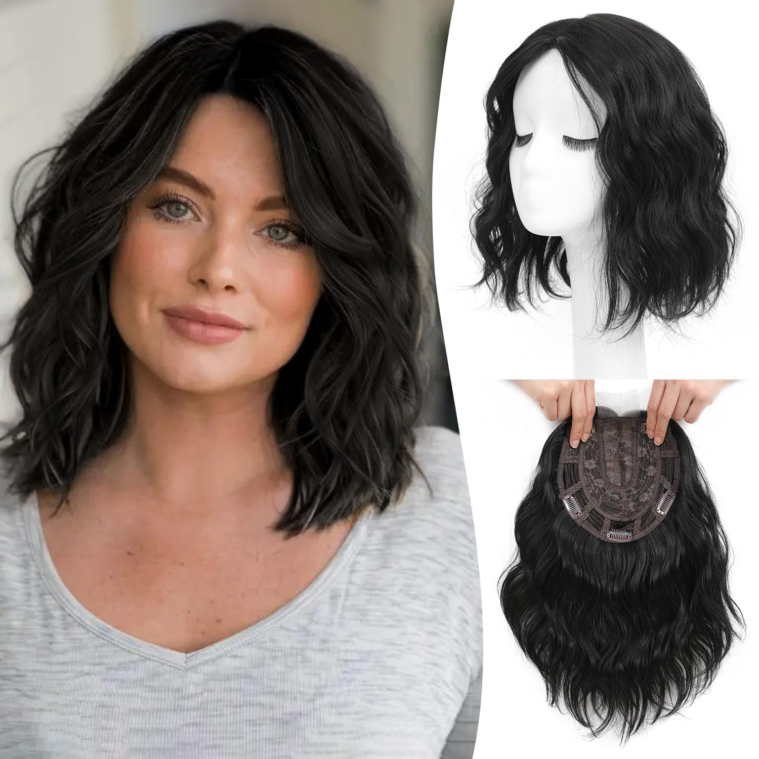 PORSMEER Hair Topper for Women Natural Short 14 Inch Wavy Curly Synthetic HairPieces with Fringe Clip In Wiglets Ladies Add Hair Volume(Black)