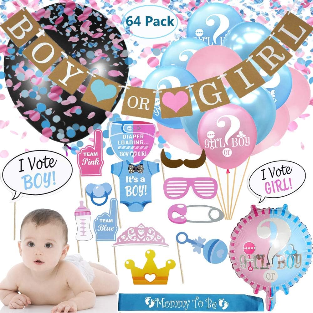 Gender Reveal Party Supplies Baby Shower Decorations kit Boy or Girl Reveal Balloons Banner Confetti Balloons Photo Booth Props For Party (64pcs)