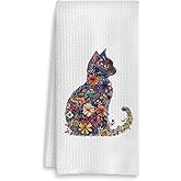 Fuasei Flower Cat Kitchen Towel, Floral Cat Hand Towel for Bathroom Decor, Kitten Dish Tea Towel for Kitchen Decor, Pet Gifts for Kitten Lovers Women Girls, 16x24 Inches
