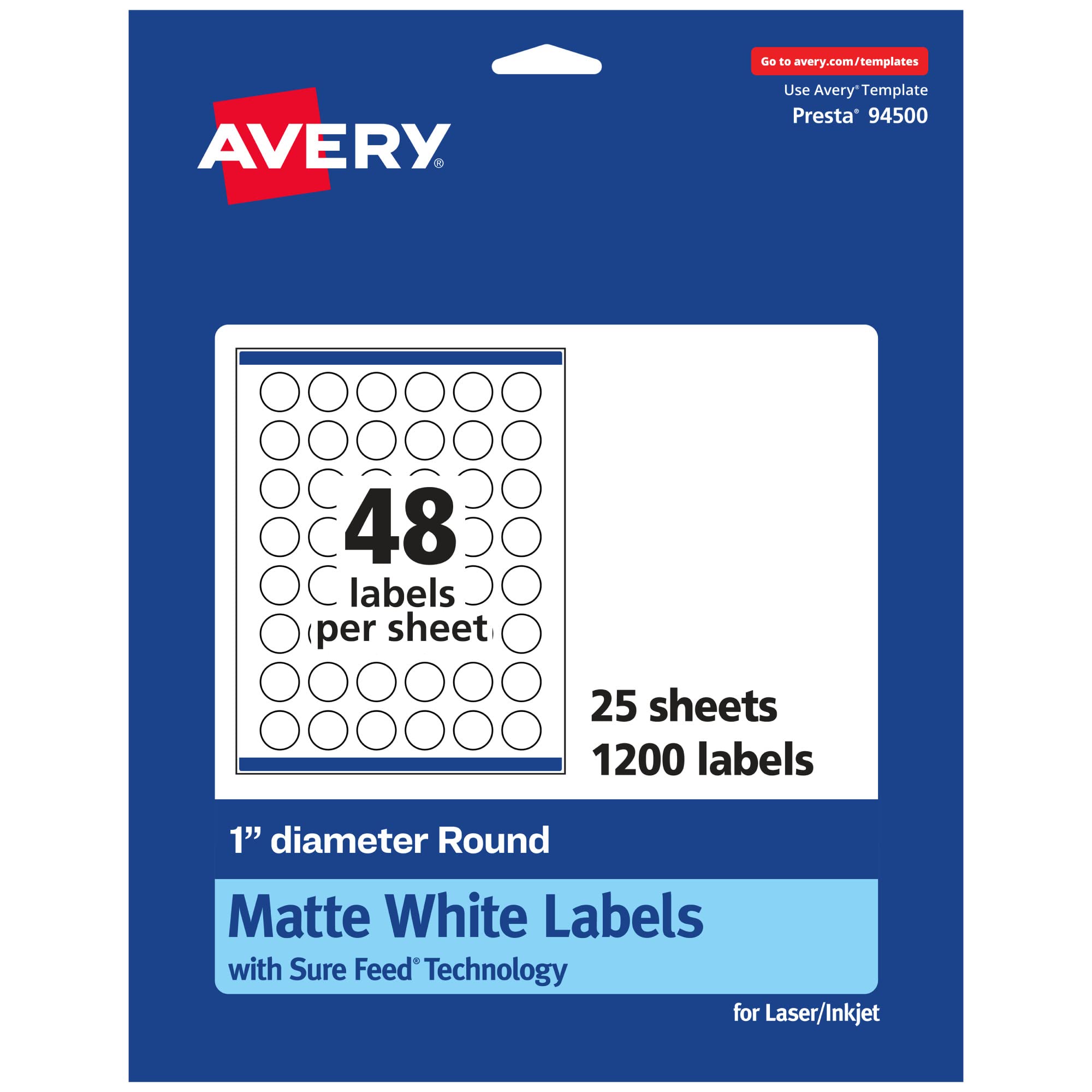Photo 1 of Avery Matte White Round Labels, Sure Feed Technology, 1" Diameter, 1,200 Matte White Printable Labels