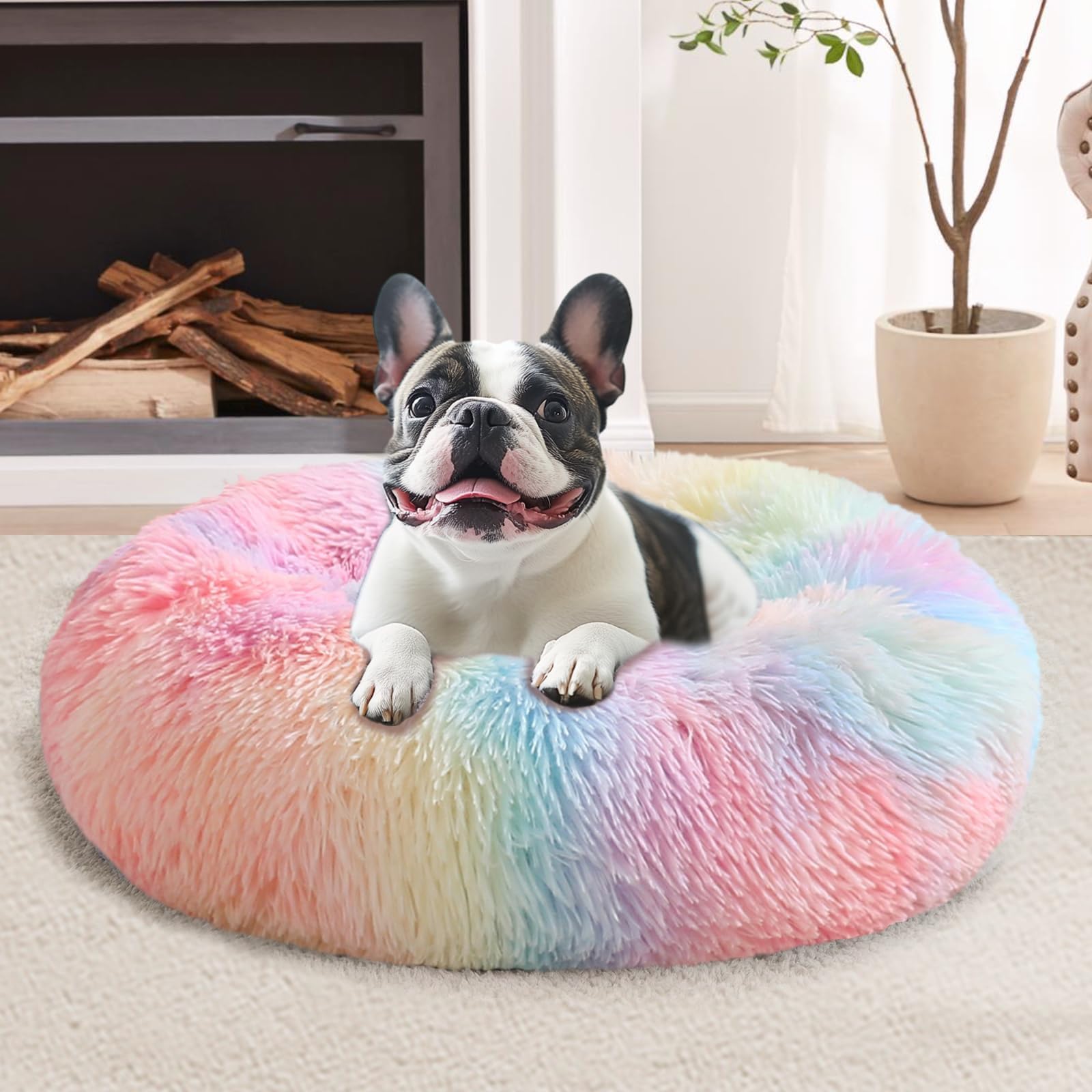 Photo 1 of JOLLYVOGUE Calming Dog Bed for Small Dogs - 23 inches Donut Washable Small Dog Bed for Kittens & Puppies, Anti-Slip Round Fluffy Plush Faux Fur Cat Beds (Fits up to 25 lbs Pets, Rainbow)