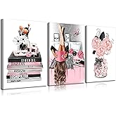 3Pcs Framed Pink Trendy Girls Canvas Wall Art Pictures Fashion Girl Reading Book Posters Print Stylish Delicate Bathroom Bedroom Makeup Room Beauty Room Wall Decor 12x16in