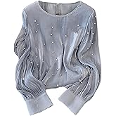 Floerns Women's Elegant Long Sleeve Blouse Tops Pearl Beaded Crewneck Dressy Casual Outfit