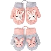 Flammi 2 Pairs Toddler Mittens for Baby Boys Girls Winter Sherpa Lined Warm Knit Mittens Cartoon Kids Gloves