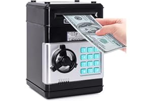 PhilaeEC Black Piggy Bank for Kids, Electronic ATM Cash Coin Can Money Saving Box with Password, Children's Safe Money Jar with Auto Grab Bill Slot, Birthday Christmas Toy Gifts for Boys Girls