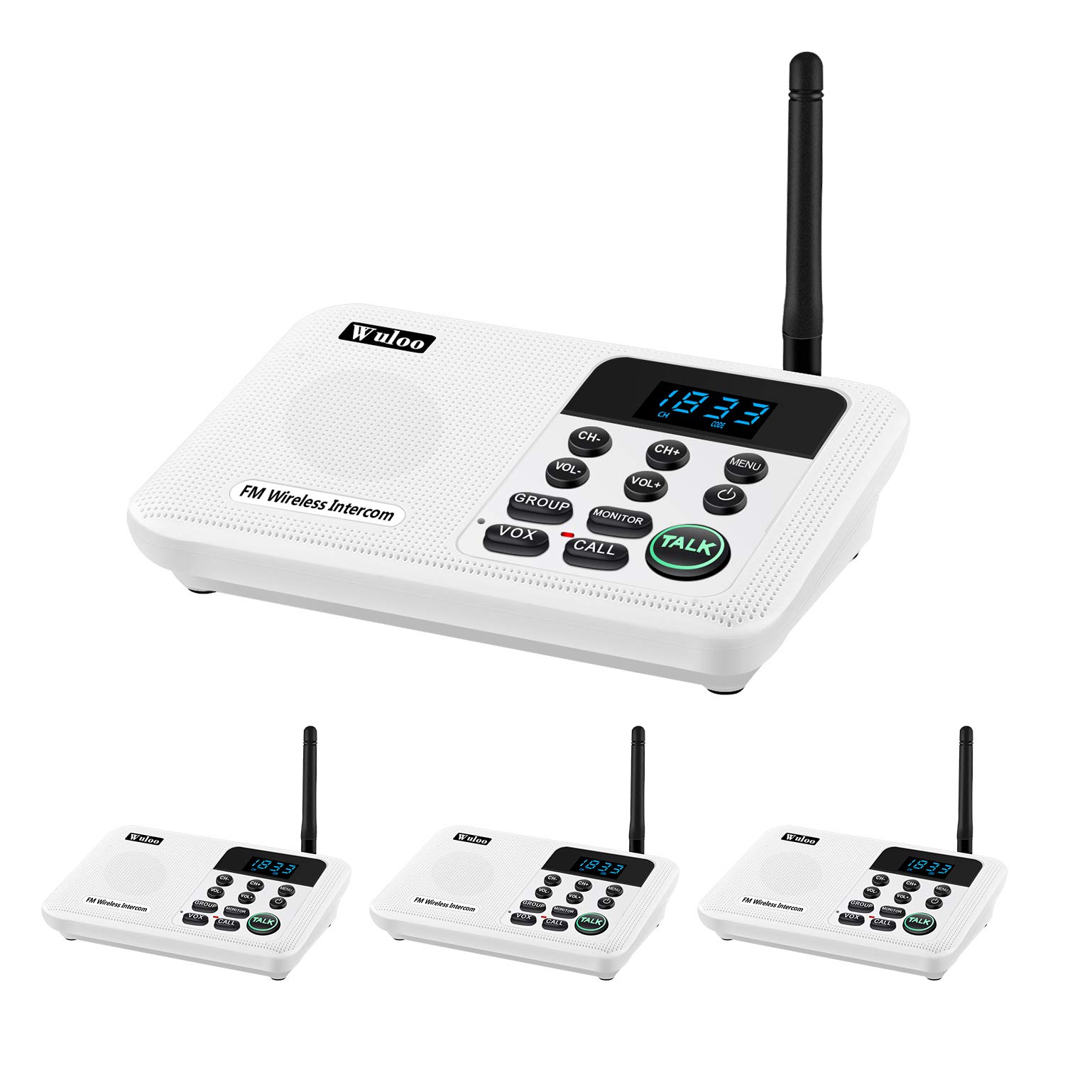 Photo 1 of Wuloo Intercoms Wireless for Home 1 Mile Range 22 Channel 100 Digital Code Display Screen, Wireless Intercom System for Home House Business Office, Room to Room Intercom Communication(4Stations White)
