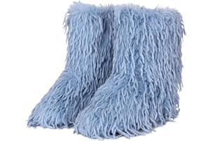 NWSTESLE Women's Faux Fur Boots Furry Fluffy Winter Snow y2k Boots for Girls Mid-Calf Flat Fuzzy Shoes Plush Warm Outdoor Indoor
