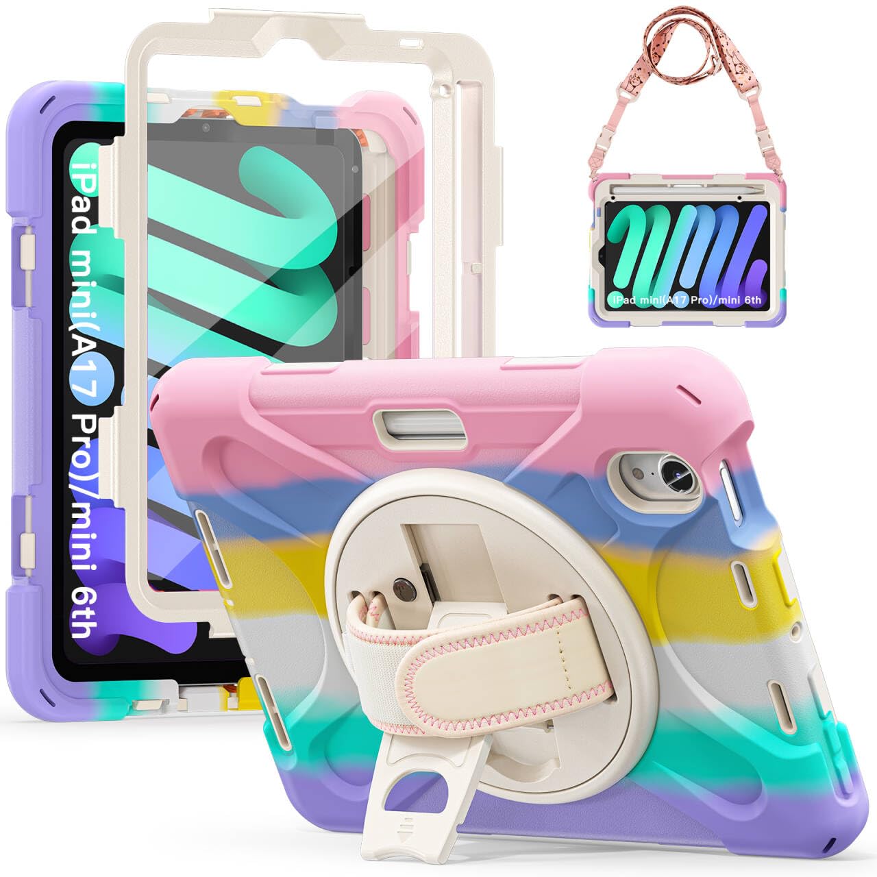 Gerutek for iPad Mini 7/6 Case Shockproof, Full Body Rugged Mini A17 Pro/Mini 6th Gen Case with [Screen Protector][Pen Slot][360° Stand/Hand&Shoulder strap] Cover for iPad Mini 7 A17 Pro,Pink